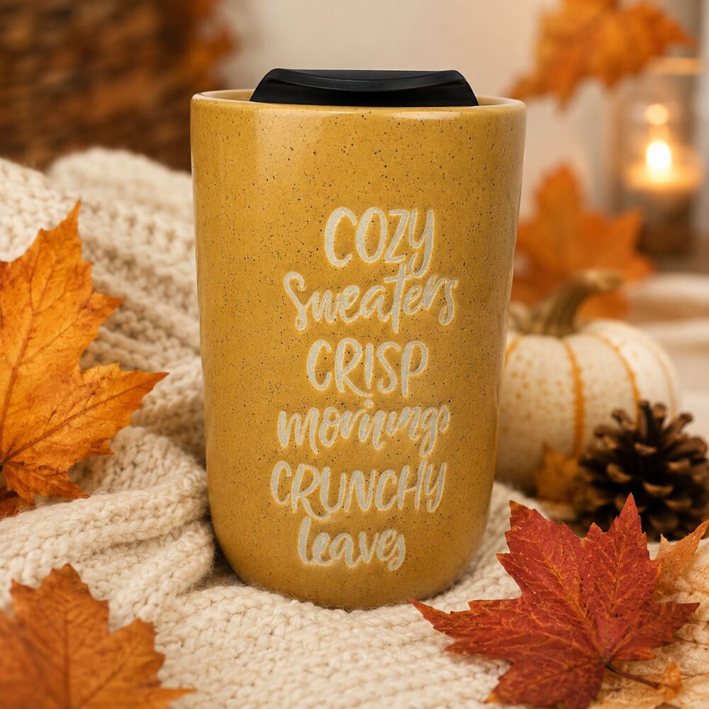 Holiday Home Harvest Fall Ceramic Travel Mug Cozy Sweaters Mustard Yellow Lid